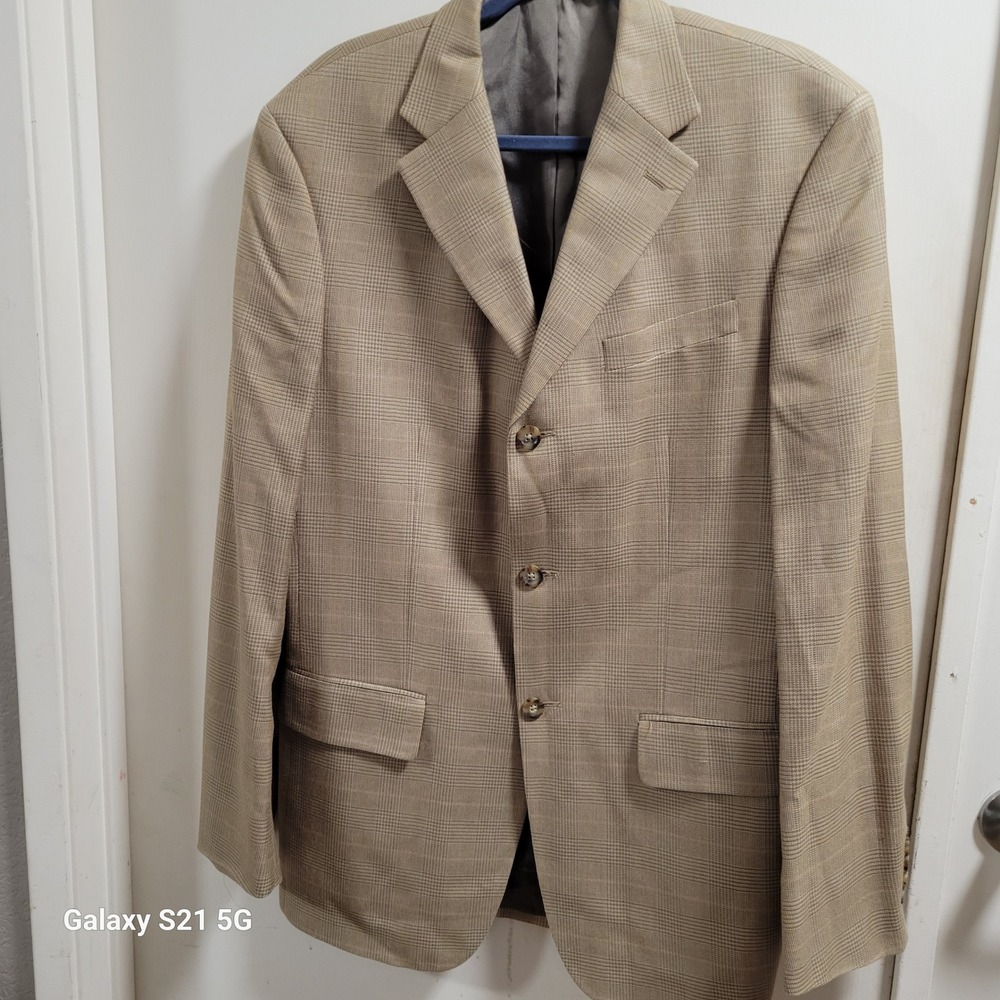 Oscar de la Renta Mens Tan Glen Plaid Three Button Silk Blazer Notch Lapel 40L
